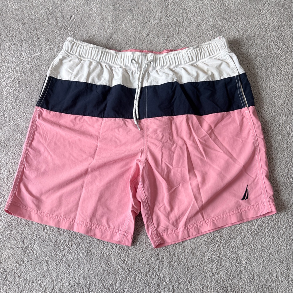 Nautica Men’s swim trunks in Pink, Navy, and White